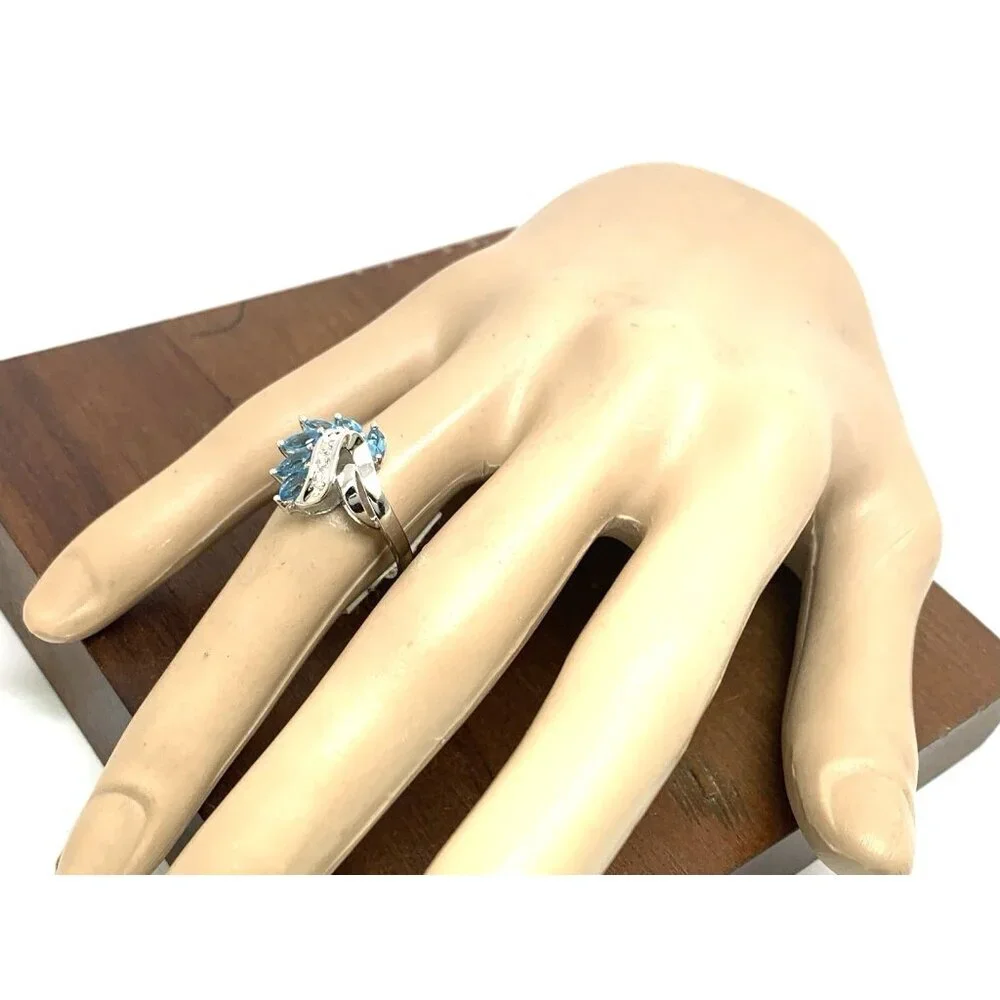 Blue Gemstone Diamond Cocktail Ring 10k White Gold Estate Jewelry Women's Size 7